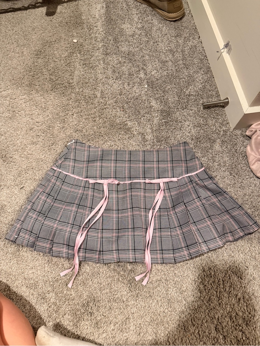 Edikted Grey Plaid Pleated Mini Skirt with Pink Ribbon